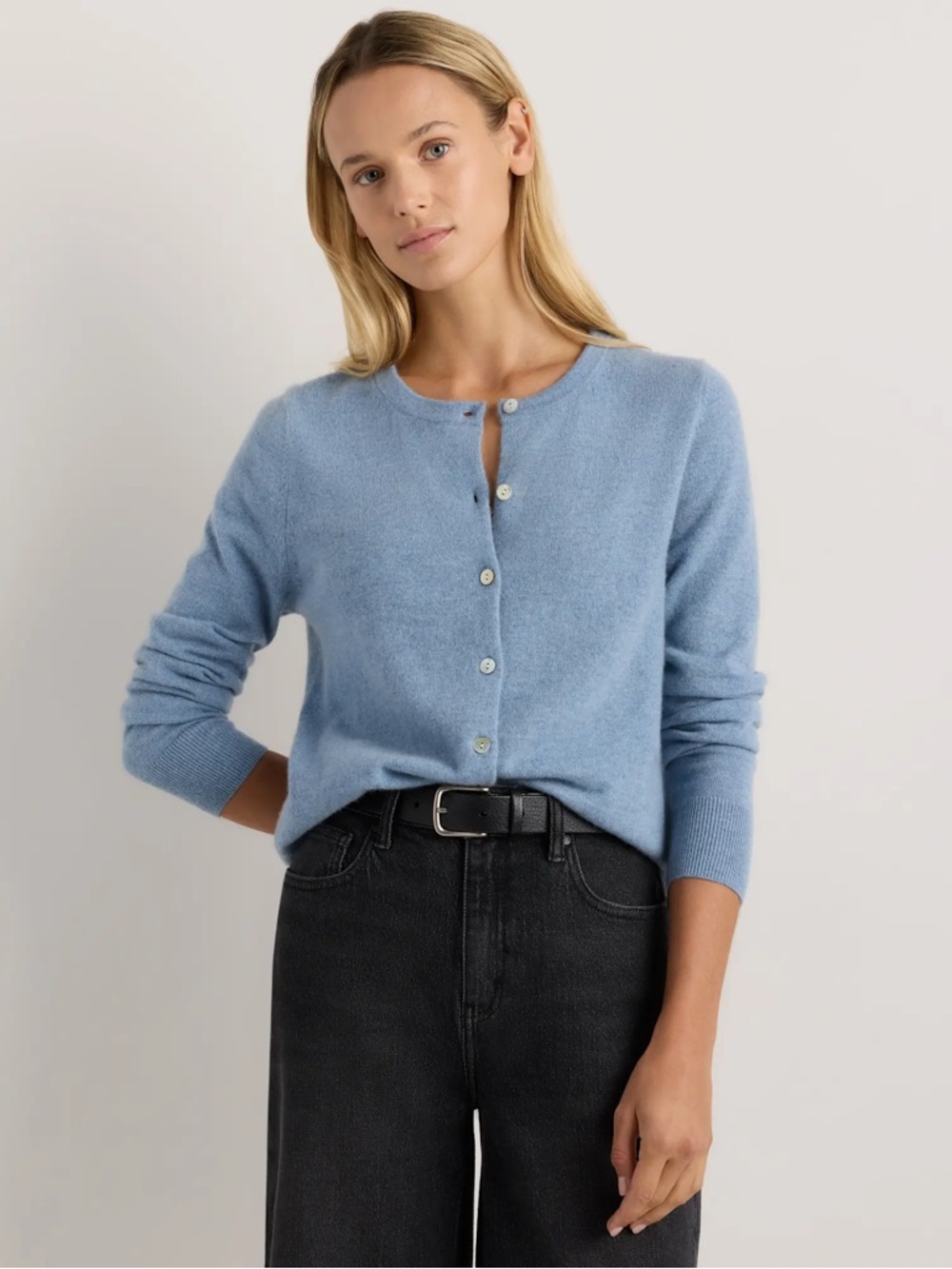 Quince Dusty Blue Cashmere-Blend Button Cardigan